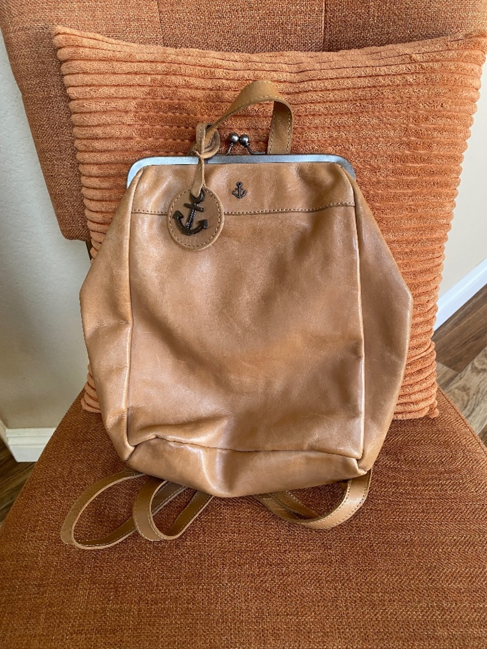 Harbour 2nd Genuine Leather Kissing Lock Frame Backpack - Cognac Brown Anchor
